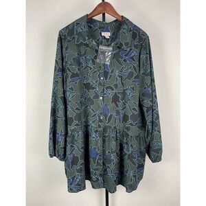 LOGO Lori Goldstein Pleated Tunic Blouse Long Sleeve Blue Green Black Lagen 1XL